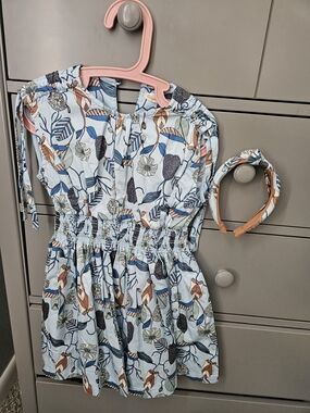 Girls' Blue Floral Smocked Waist Dress with Headband